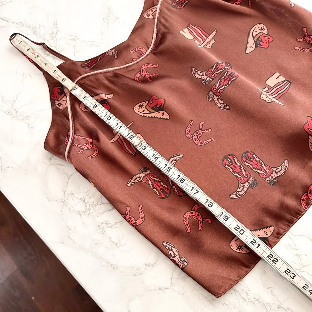 Midnight Bakery Spaghetti Strap Western Print Brown Satin Camisole Size Medium